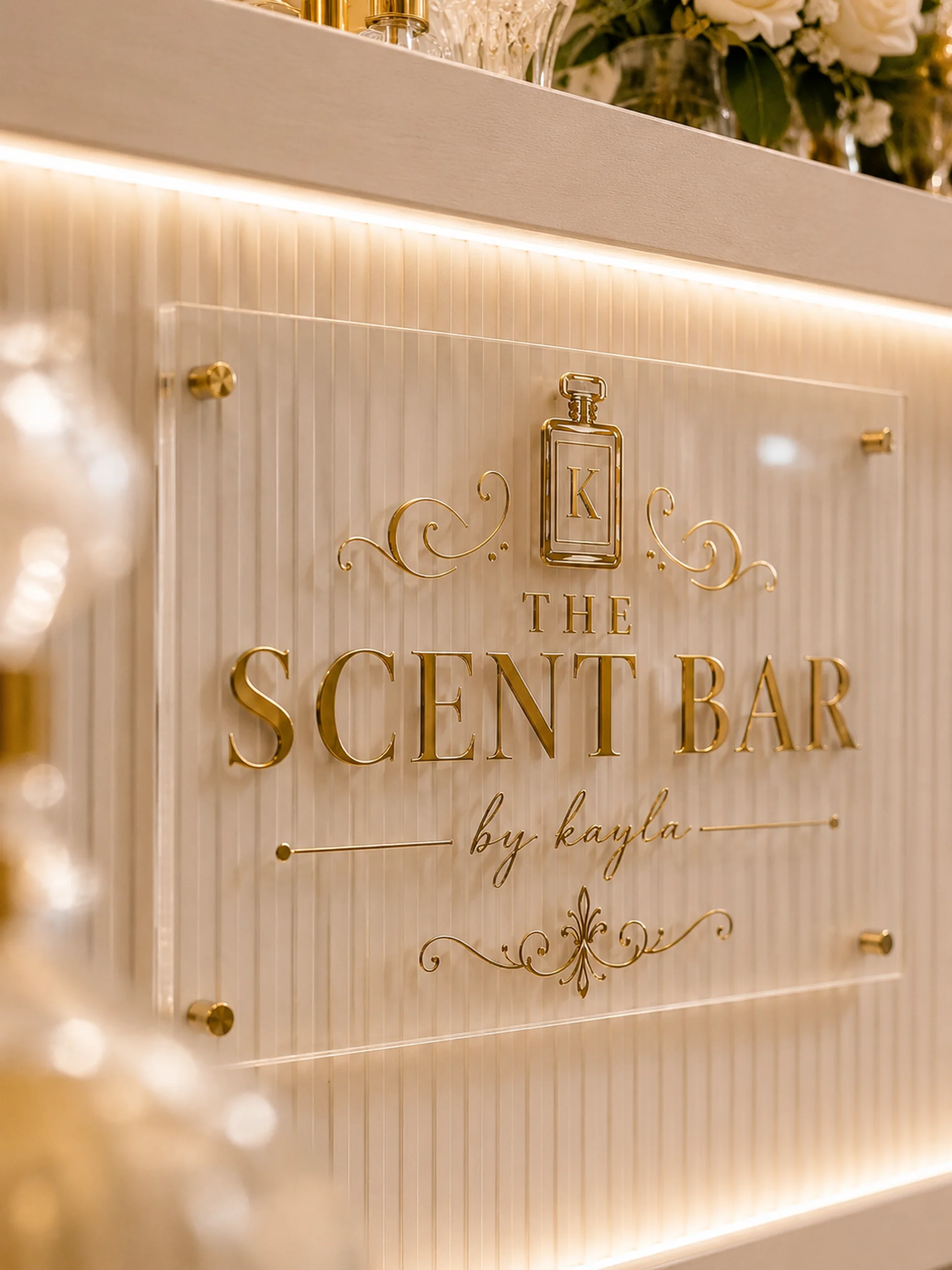 Gold lettered signage reading The Scent Bar by Kayla above a styled perfume bar